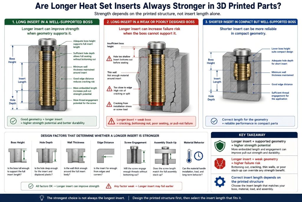 Technical FAQ diagram comparing longer and shorter heat set inserts in 3D printed bosses, showing when longer inserts improve strength and when weak boss geometry causes cracking, bottoming out, or poor seating.