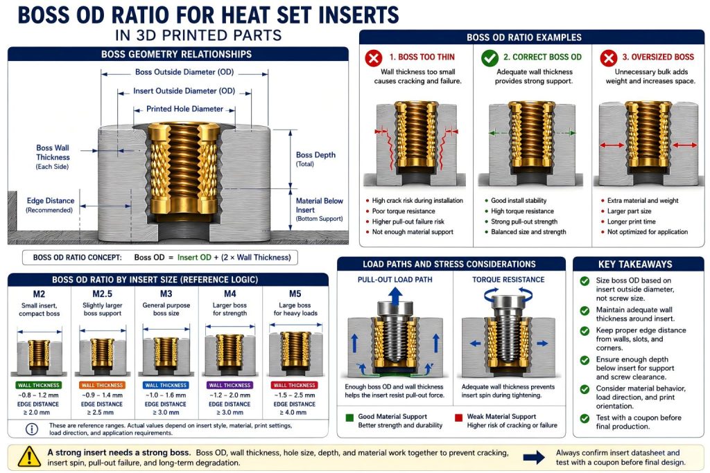 Boss OD ratio diagram for heat set inserts showing insert outside diameter, printed hole diameter, boss outside diameter, wall thickness, edge distance, pull-out load path, torque resistance, boss cracking risk, and M2 through M5 boss support logic.