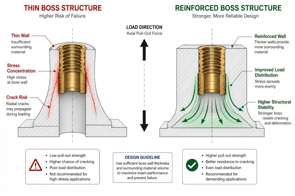 Comparison diagram showing thin boss structure versus reinforced boss structure for heat set inserts in 3D printed parts