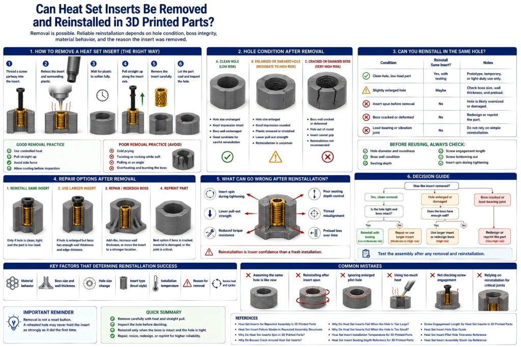Technical diagram showing heat set insert removal and reinstallation in 3D printed parts, including reheating, straight pull removal, enlarged hole risk, damaged boss wall, same-hole reinstallation risk, larger insert repair option, and reprint decision.