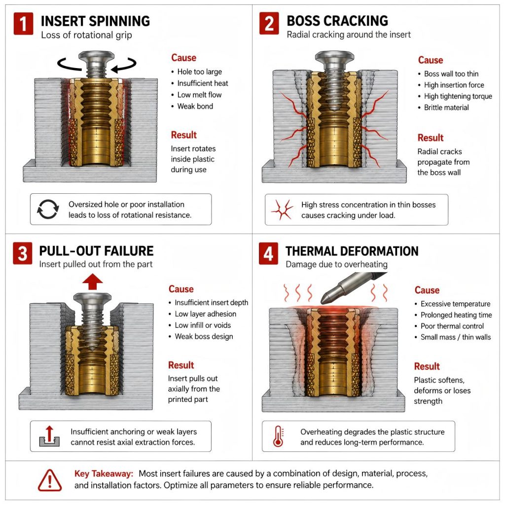 Engineering failure diagram showing insert spinning, boss cracking, pull-out failure, and thermal deformation in 3D printed heat set insert assemblies