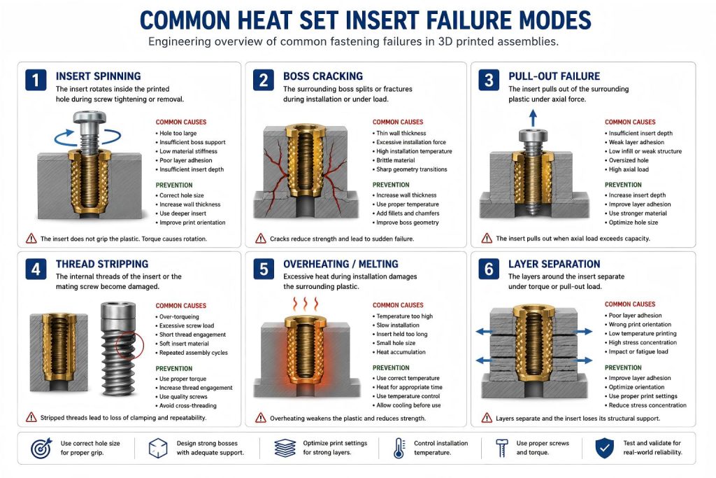 Engineering overview of common fastening failures in 3D printed assemblies.