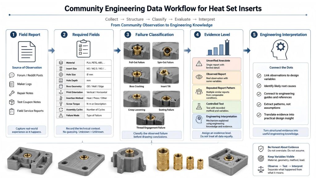 Engineering workflow diagram showing how community data for heat set inserts is collected, classified, assigned evidence levels, and interpreted for 3D printed fastening structures.