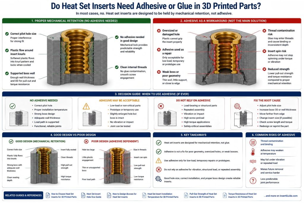 Technical diagram explaining whether heat set inserts need adhesive or glue in 3D printed parts, comparing proper mechanical retention with adhesive repair, oversized hole risk, thread contamination, insert spin, boss support, and redesign decisions.