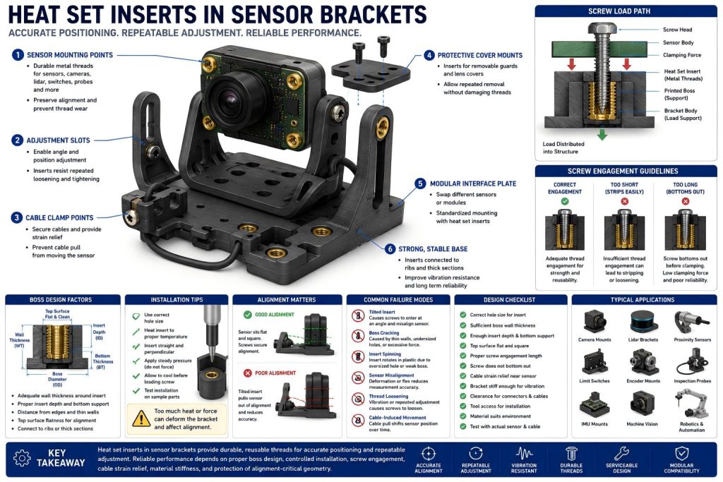 Engineering diagram of heat set inserts used in 3D printed sensor brackets with camera mounts, lidar brackets, proximity sensors, cable clamps, adjustment slots, boss geometry, screw engagement, and alignment control callouts