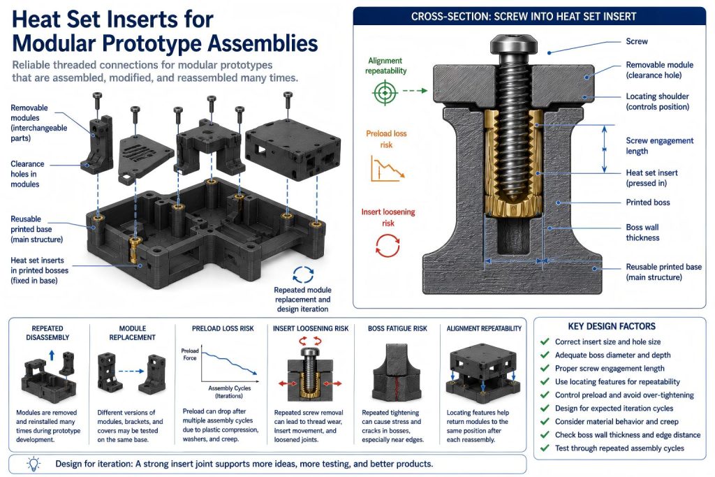 Engineering diagram of heat set inserts for modular prototype assemblies, showing a reusable printed base, removable modules, screws, brass inserts, printed bosses, screw engagement, locating features, repeated module replacement, preload loss risk, and alignment repeatability.