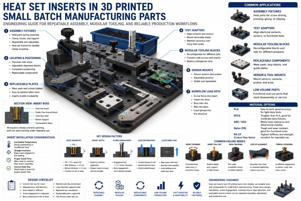 Engineering diagram of heat set inserts used in 3D printed small batch manufacturing parts, including assembly fixtures, test adapters, modular tooling blocks, replaceable plates, screw engagement, and load path callouts