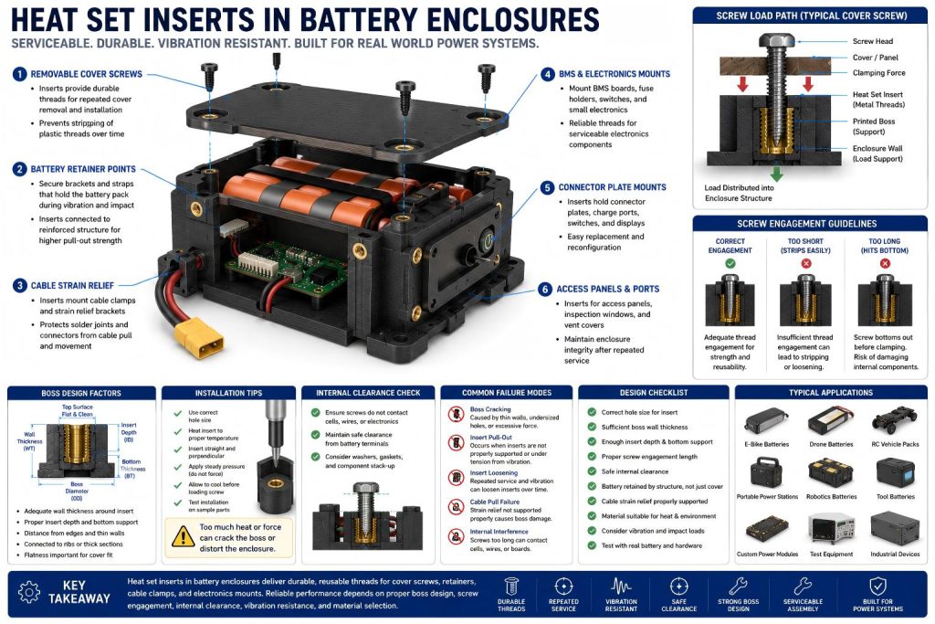 Engineering diagram of heat set inserts used in 3D printed battery enclosures with removable covers, battery retainers, cable strain relief brackets, BMS mounts, connector plates, screw engagement, internal clearance, and vibration load callouts