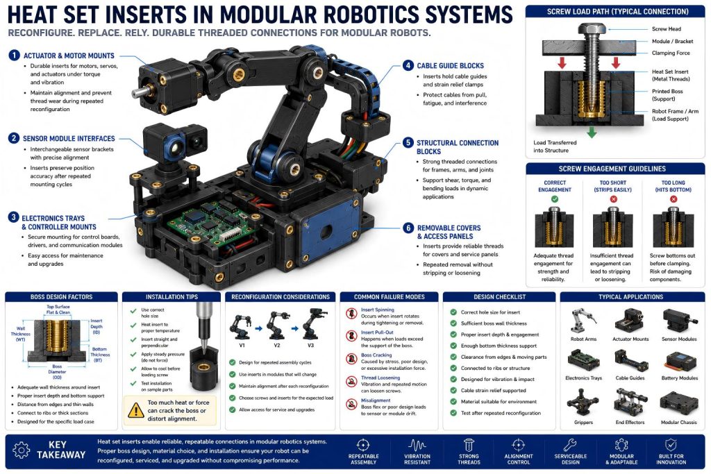 Engineering diagram of heat set inserts used in modular robotics systems with actuator mounts, sensor modules, electronics trays, cable guides, structural connection blocks, removable covers, screw engagement, vibration resistance, and repeated reconfiguration callouts