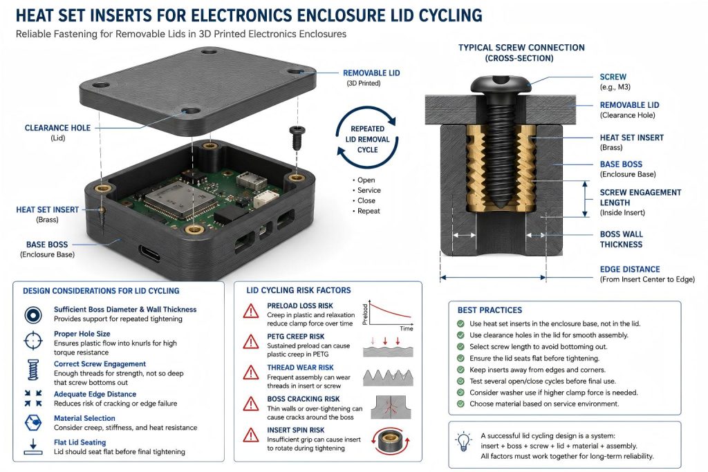 Engineering diagram of heat set inserts for electronics enclosure lid cycling, showing a removable lid, clearance holes, screws, brass inserts, base bosses, screw engagement, edge distance, and repeated assembly risks.