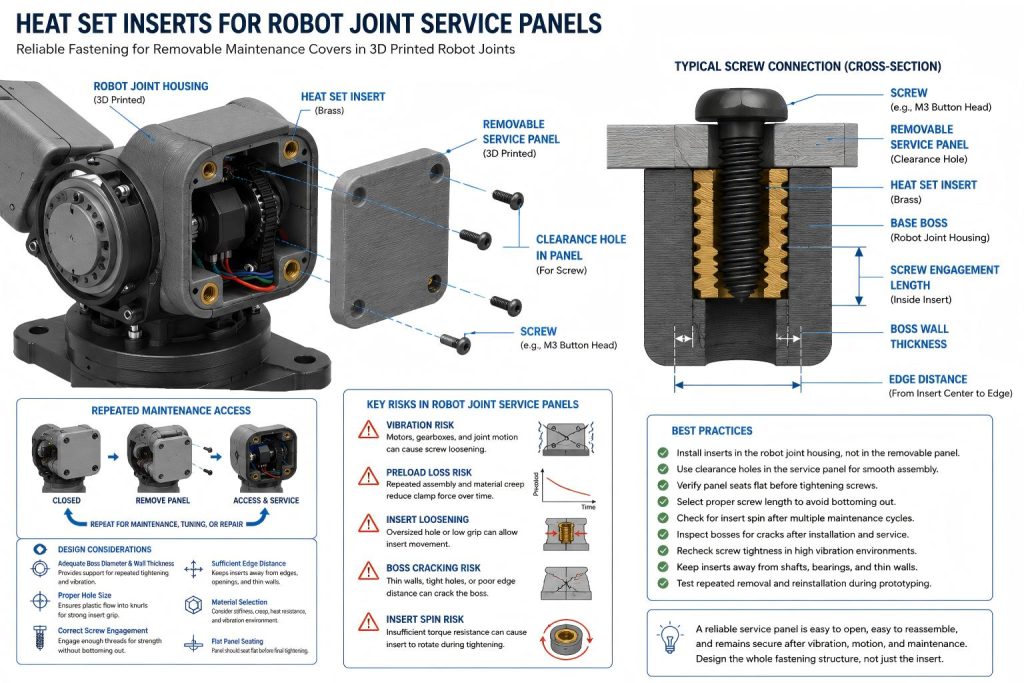 Engineering diagram of heat set inserts for robot joint service panels, showing a removable maintenance cover, clearance holes, screws, brass inserts, printed bosses, screw engagement, edge distance, vibration risk, and repeated service access.