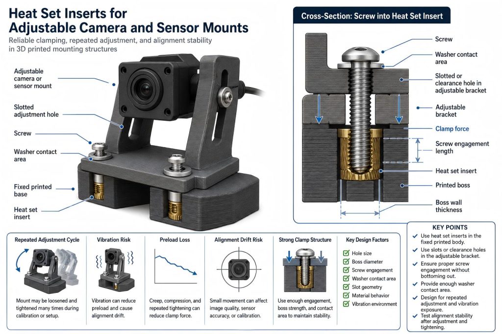 Engineering diagram of heat set inserts for adjustable camera and sensor mounts, showing a slotted bracket, fixed printed base, screw, washer contact area, brass insert, printed boss, clamp force, vibration risk, and alignment drift risk.