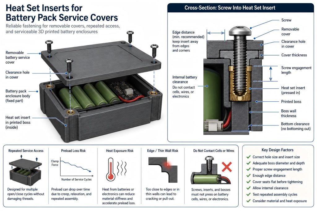Engineering diagram of heat set inserts for battery pack service covers, showing a removable cover, clearance holes, screws, brass inserts, printed bosses, screw engagement, internal battery clearance, repeated service access, preload loss risk, and heat exposure risk.