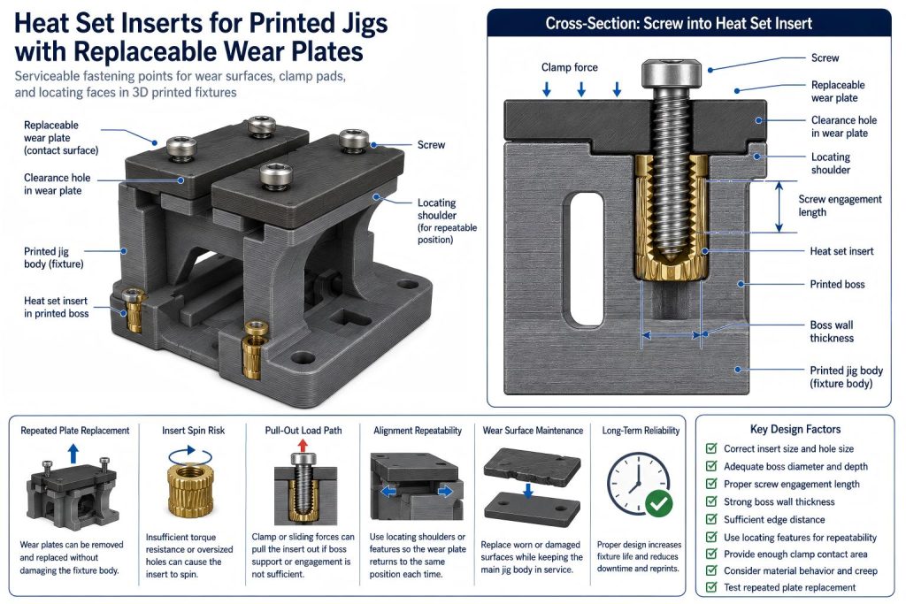 Engineering diagram of heat set inserts for printed jigs with replaceable wear plates, showing a printed fixture body, removable wear plate, screws, brass inserts, printed bosses, screw engagement, locating shoulder, clamp force, insert spin risk, and pull-out load path.