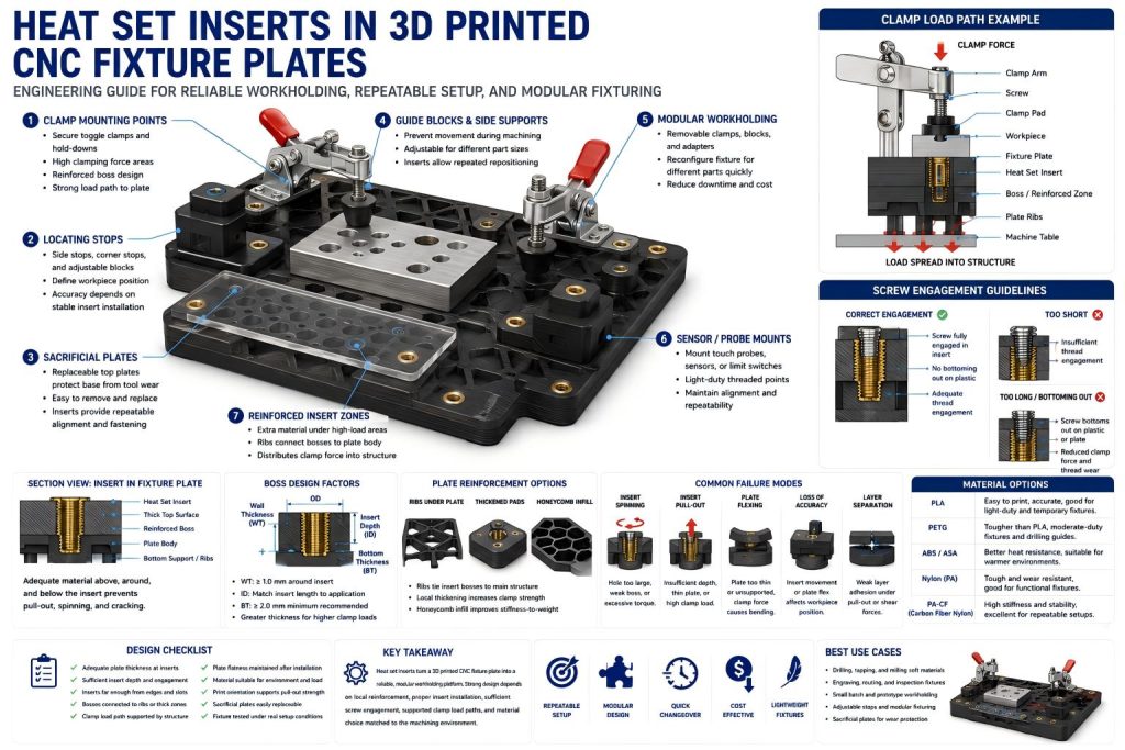 Engineering diagram of heat set inserts used in a 3D printed CNC fixture plate with clamps, locating stops, sacrificial plates, guide blocks, reinforced insert zones, screw engagement, and clamp load paths