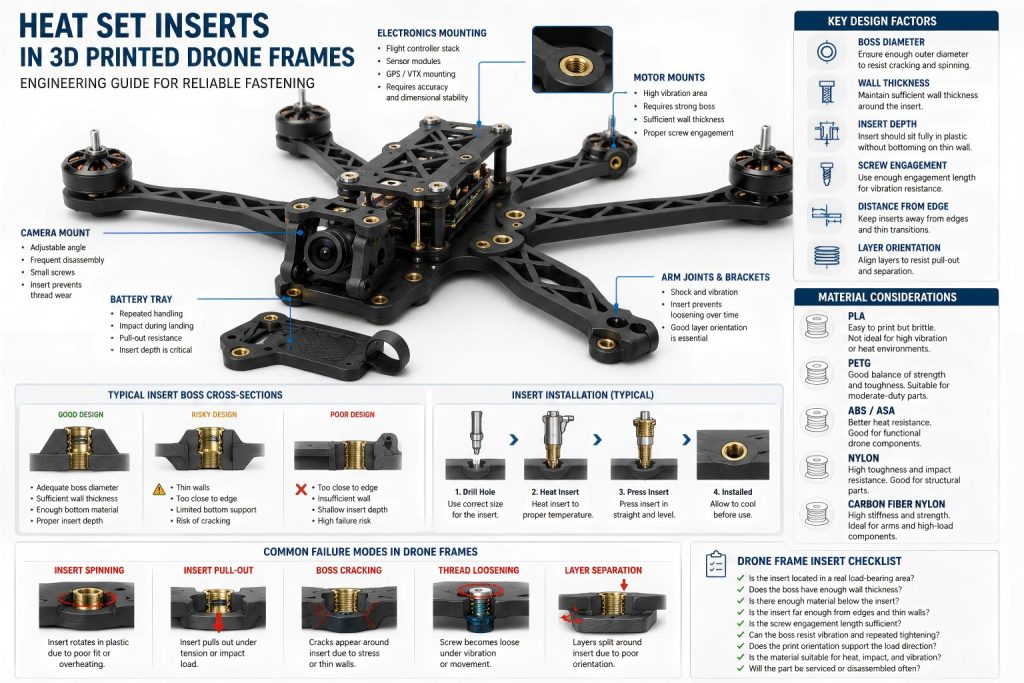 Engineering diagram of heat set inserts used in a 3D printed drone frame with motor mounts, battery tray, electronics brackets, and vibration load zones