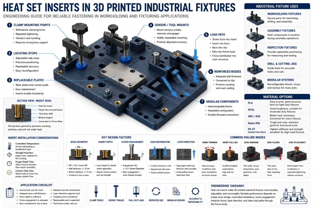 Engineering diagram of heat set inserts used in a 3D printed industrial fixture with clamp mounts, locating stops, replaceable plates, reinforced bosses, screw engagement, and load path arrows