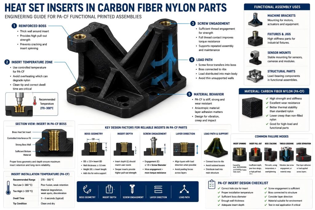 Engineering diagram of heat set inserts used in a carbon fiber nylon 3D printed functional mounting bracket with boss sections, screw engagement, load arrows, and reinforced ribs
