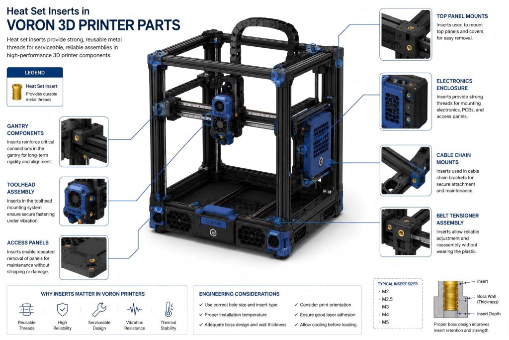 Engineering diagram showing heat set insert locations in Voron 3D printer parts