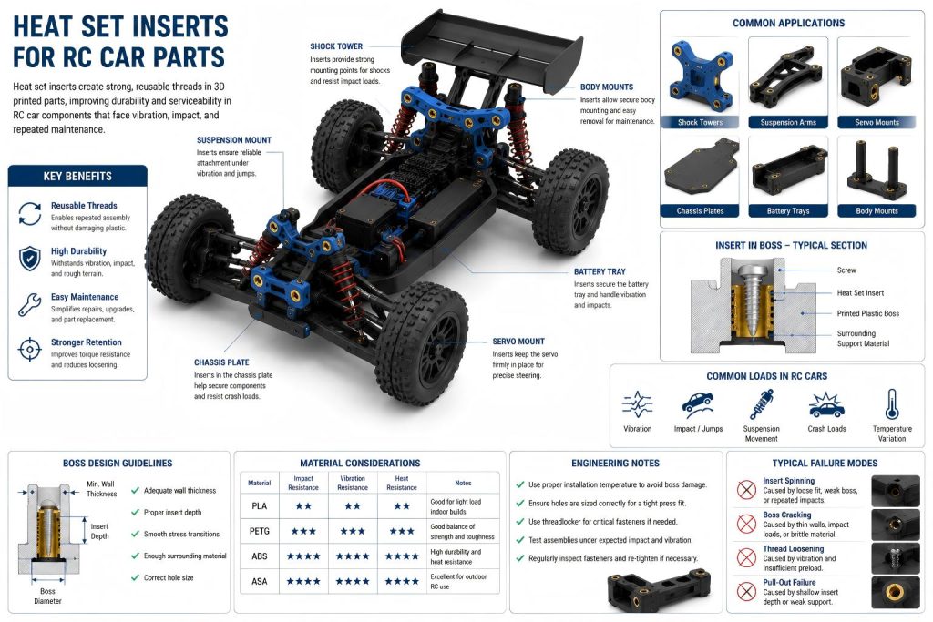 Engineering diagram showing heat set inserts used in RC car parts and suspension assemblies