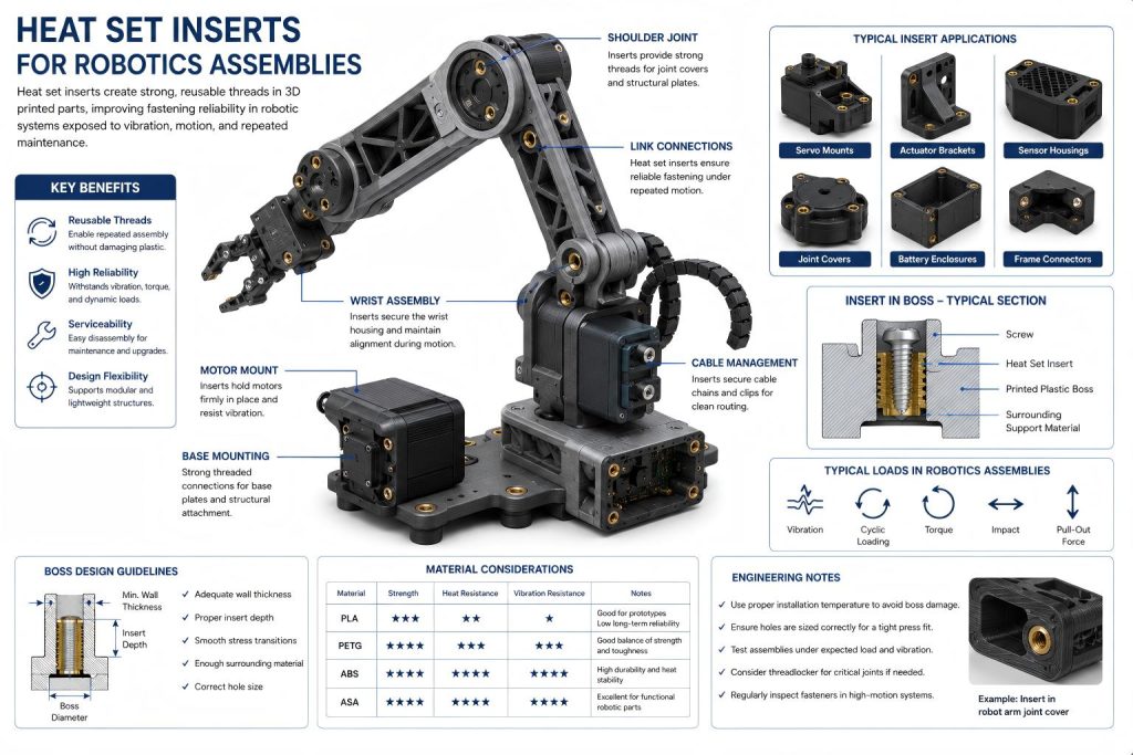 Engineering diagram showing heat set inserts used in robotics assemblies and robotic arm structures