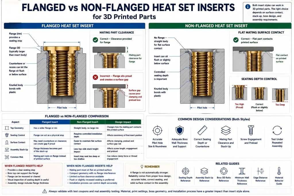 Technical diagram comparing flanged and non-flanged brass heat set inserts in 3D printed bosses, showing flange clearance, surface contact, flush seating, counterbore design, boss support, and assembly stack-up.