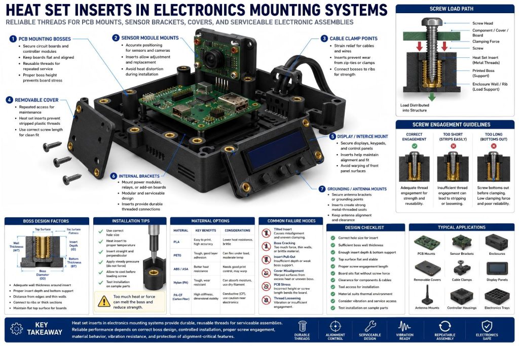 Heat set inserts in electronics mounting systems create durable threaded points for PCB bosses, sensor modules, controller housings, removable covers, cable brackets, and serviceable 3D printed electronic assemblies. Reliable design depends on boss geometry, insert alignment, screw engagement, material behavior, and protection of alignment-critical features.