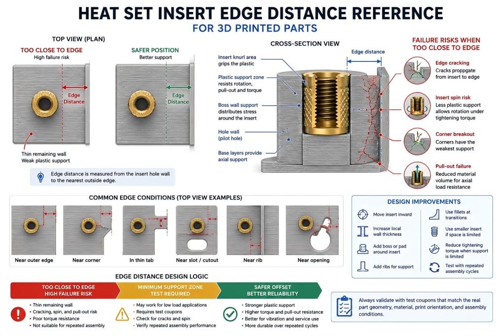 Technical diagram showing heat set insert edge distance in a 3D printed plastic boss, with remaining wall thickness, plastic support zone, crack path to edge, insert spin risk, and safer insert offset.