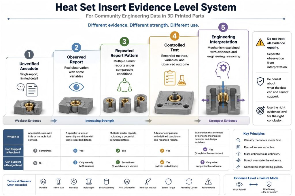 Engineering evidence level diagram for heat set insert community data, showing unverified anecdote, observed report, repeated report pattern, controlled test, and engineering interpretation.