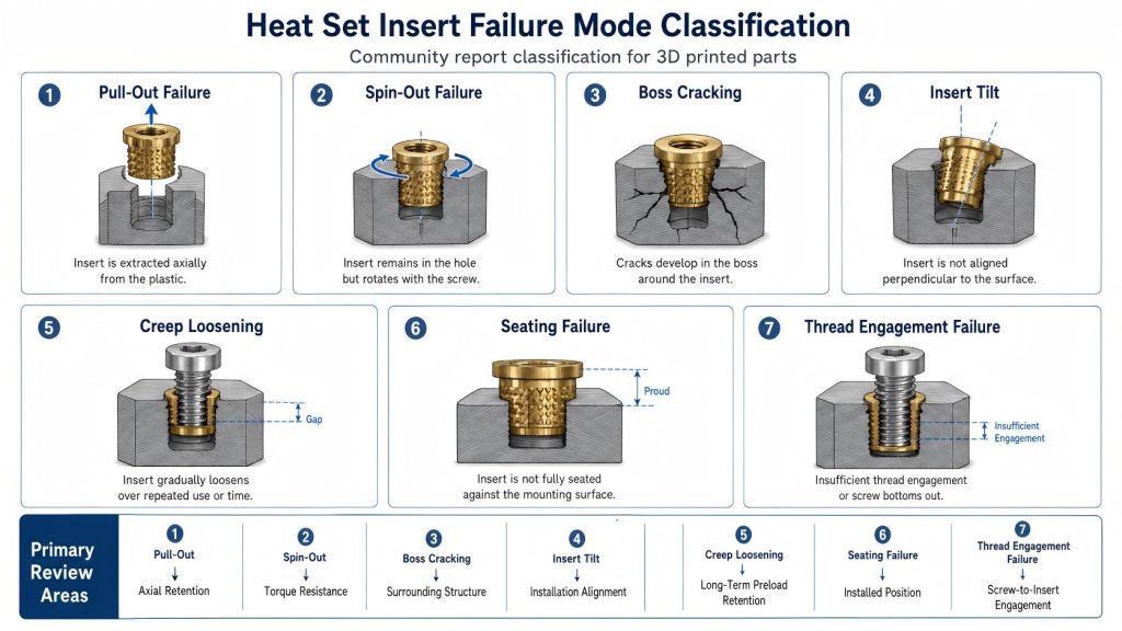 Engineering classification diagram showing seven heat set insert failure modes in 3D printed parts, including pull-out, spin-out, boss cracking, insert tilt, creep loosening, seating failure, and thread engagement failure.
