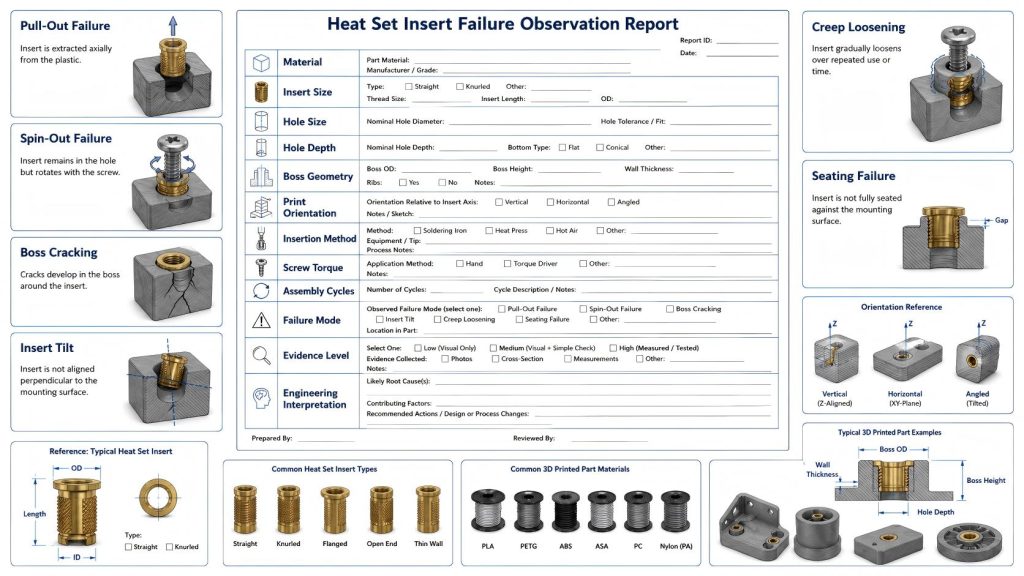 Engineering report template diagram showing fields used to record heat set insert failure observations, including material, hole size, boss geometry, torque, failure mode, evidence level, and interpretation.