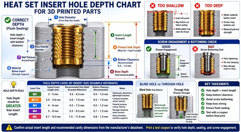 Heat set insert hole depth chart showing insert length, printed hole depth, boss depth, bottom clearance, screw engagement, screw bottoming risk, flush seating, and M2 through M5 depth logic for 3D printed parts.