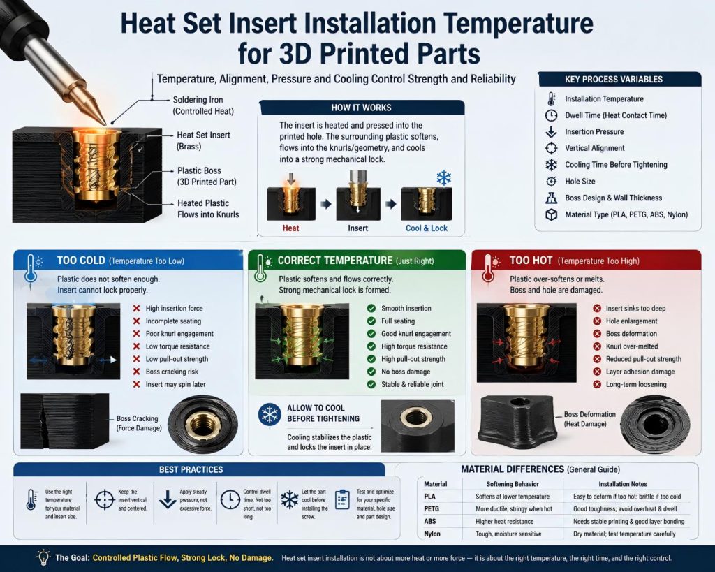 Technical engineering diagram showing heat set insert installation temperature for 3D printed parts, including soldering iron heating, controlled plastic flow, insert alignment, cooling time, and too low, correct, and too high temperature conditions affecting boss strength, hole quality, layer adhesion, torque resistance, and pull-out strength.
