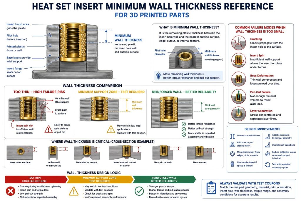 Technical diagram showing minimum wall thickness around a brass heat set insert in a 3D printed plastic boss, with remaining plastic support, thin wall cracking risk, insert spin risk, and reinforced wall design.