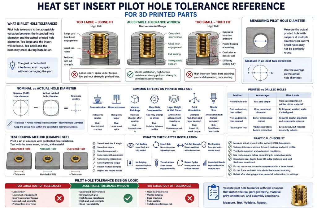Technical diagram showing pilot hole tolerance for brass heat set inserts in 3D printed parts, comparing oversized holes, acceptable tolerance window, and undersized holes with insert spin and boss cracking risks.