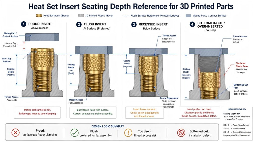 Technical diagram showing heat set insert seating depth in a 3D printed plastic boss, comparing proud, flush, recessed, and over-inserted conditions with thread access, surface contact, and bottoming out risks.