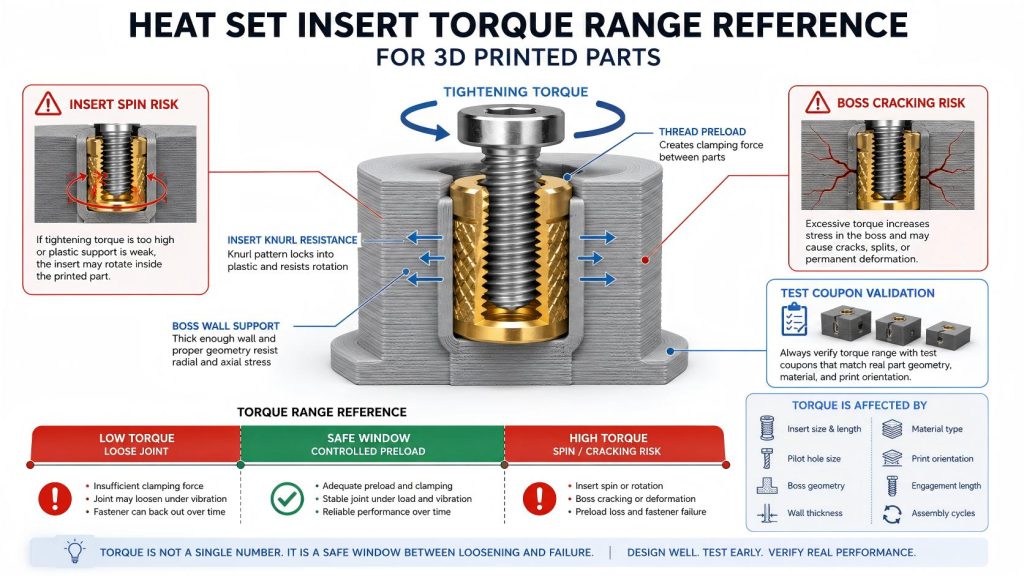 Technical diagram showing a screw tightened into a brass heat set insert inside a 3D printed plastic boss, with torque range zones for low torque, safe preload, and high torque risks such as insert spin and boss cracking.