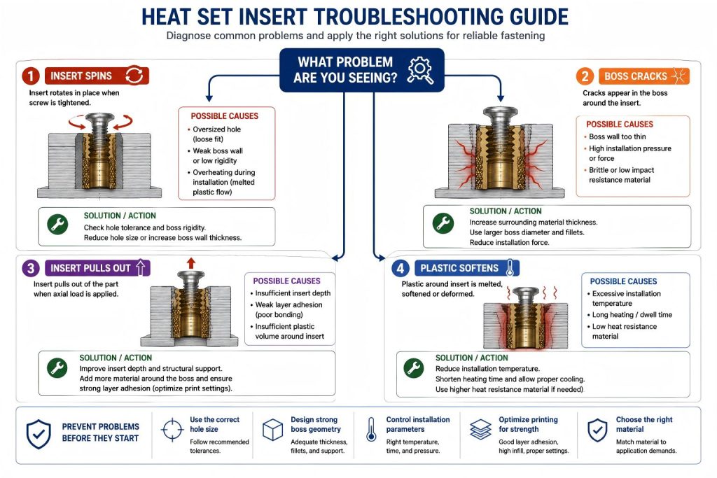 Engineering troubleshooting flow diagram for common heat set insert problems in 3D printed parts including spinning, cracking, pull-out, and overheating