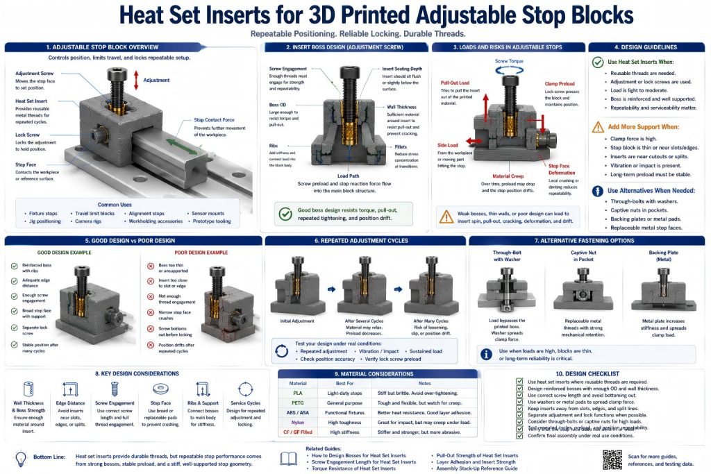 Technical diagram showing heat set inserts used in 3D printed adjustable stop blocks, including adjustment screws, lock screws, reinforced insert bosses, stop face contact, position repeatability, screw engagement, insert spin risk, stop face deformation, material creep, and through-bolt or captive nut alternatives.