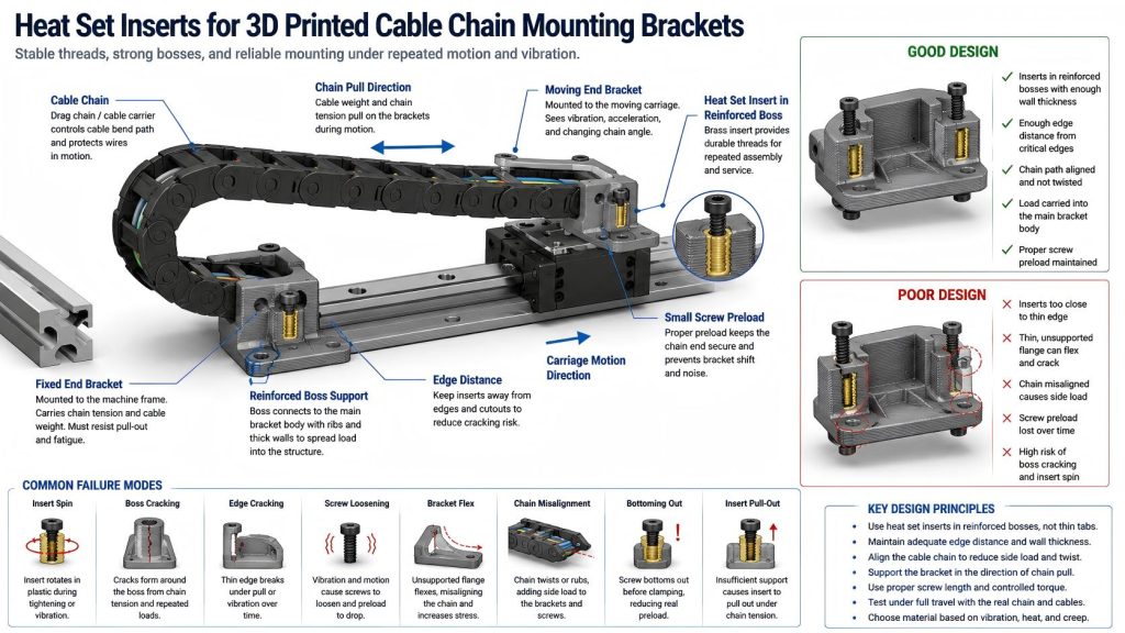 Technical diagram showing heat set inserts used in 3D printed cable chain mounting brackets, with drag chain bend path, fixed and moving brackets, reinforced insert bosses, screw preload, vibration risk, and chain pull direction.