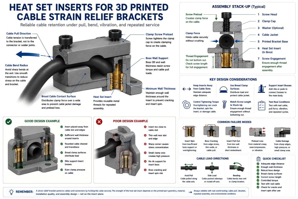 Technical diagram showing heat set inserts used in a 3D printed cable strain relief bracket, with cable pull direction, clamp screw preload, insert boss placement, edge distance, wall thickness, cable slot support, and boss cracking risk.