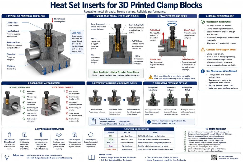 Technical diagram showing heat set inserts used in 3D printed clamp blocks, including reinforced insert bosses, clamp screw preload, screw torque, pull-out load, clamp pad deformation, screw engagement, material creep, repeated tightening cycles, and through-bolt or captive nut alternatives.