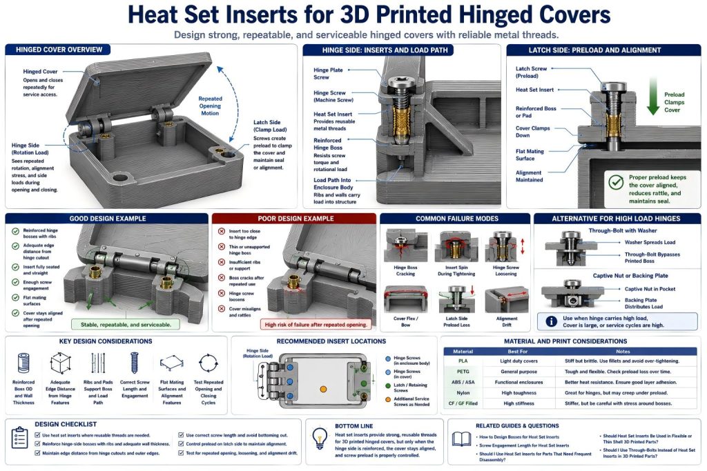 Technical diagram showing heat set inserts used in 3D printed hinged covers, including reinforced hinge bosses, hinge screws, latch-side preload, repeated opening motion, cover alignment, edge distance, screw engagement, boss cracking risk, and through-bolt alternatives.