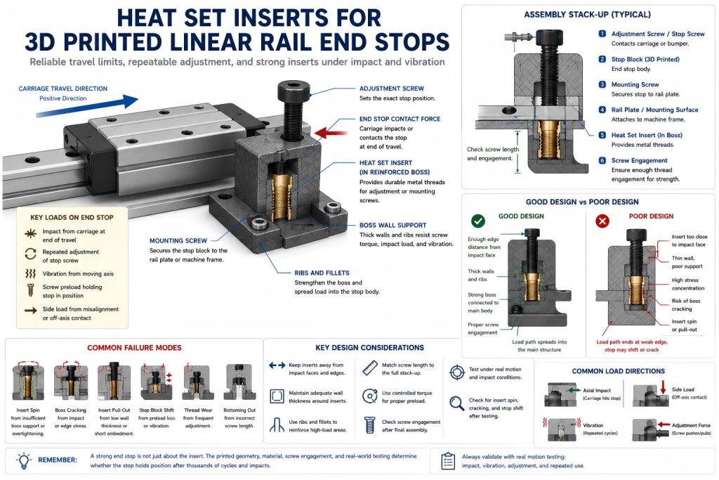 Technical diagram showing heat set inserts used in a 3D printed linear rail end stop, with carriage travel direction, adjustment screw, reinforced insert boss, edge distance, wall thickness, screw engagement, and impact load path.