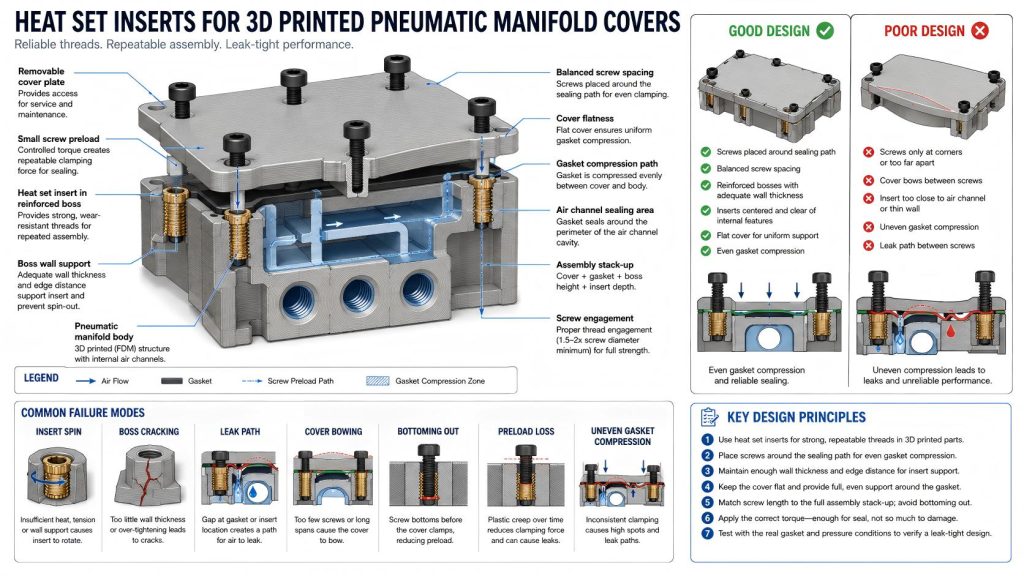 Technical diagram showing heat set inserts used in a 3D printed pneumatic manifold cover, with gasket compression, air channel sealing, reinforced insert bosses, screw preload, cover flatness, and leak risk between screws.