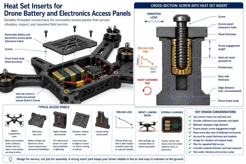 Engineering diagram of heat set inserts for drone battery and electronics access panels, showing a removable access cover, drone frame body, screws, brass inserts, reinforced bosses, battery clearance, electronics clearance, vibration load, preload loss risk, and thin wall constraints.