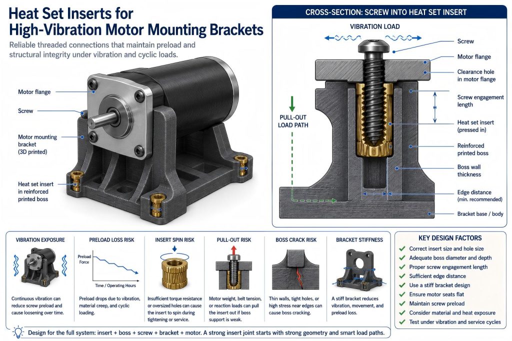 Engineering diagram of heat set inserts for high-vibration motor mounting brackets, showing a 3D printed motor bracket, motor flange, screws, brass inserts, reinforced bosses, screw engagement, vibration load, preload loss risk, insert spin risk, and pull-out load path.