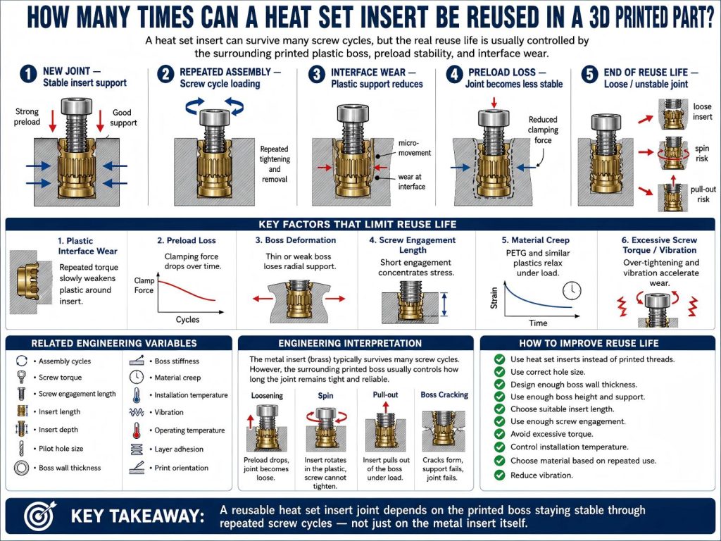 Engineering diagram showing how many times a heat set insert can be reused in a 3D printed part based on repeated assembly cycles, boss design, screw torque, preload loss, and plastic interface wear.