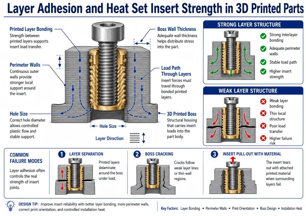 Technical engineering diagram showing how layer adhesion affects heat set insert strength in 3D printed parts, including printed layer bonding, load path through the boss, wall count, print orientation, layer separation, boss cracking, insert pull-out, and weak vs strong interlayer adhesion around threaded inserts.