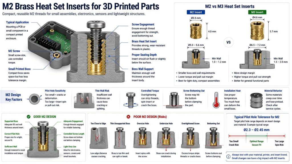 Technical diagram showing M2 brass heat set inserts for 3D printed parts, with small boss design, M2 screw engagement, pilot hole sensitivity, wall thickness, M2 versus M3 comparison, and common risks such as boss cracking and insert spin.